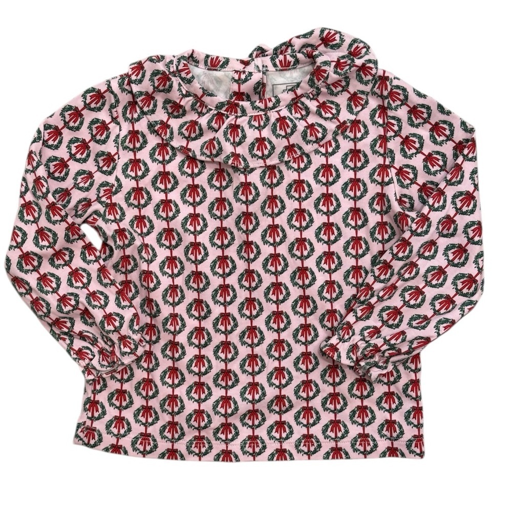 Lila & Hayes Wreath Print Pink Ruffle Collar Shirt Long Sleeve